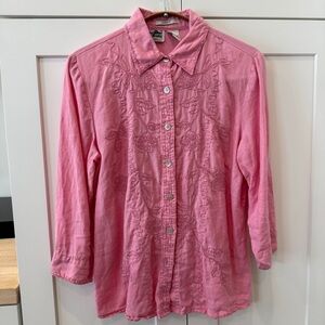 Pink Irish Linen Button-Up Shirt with Embroidered Design